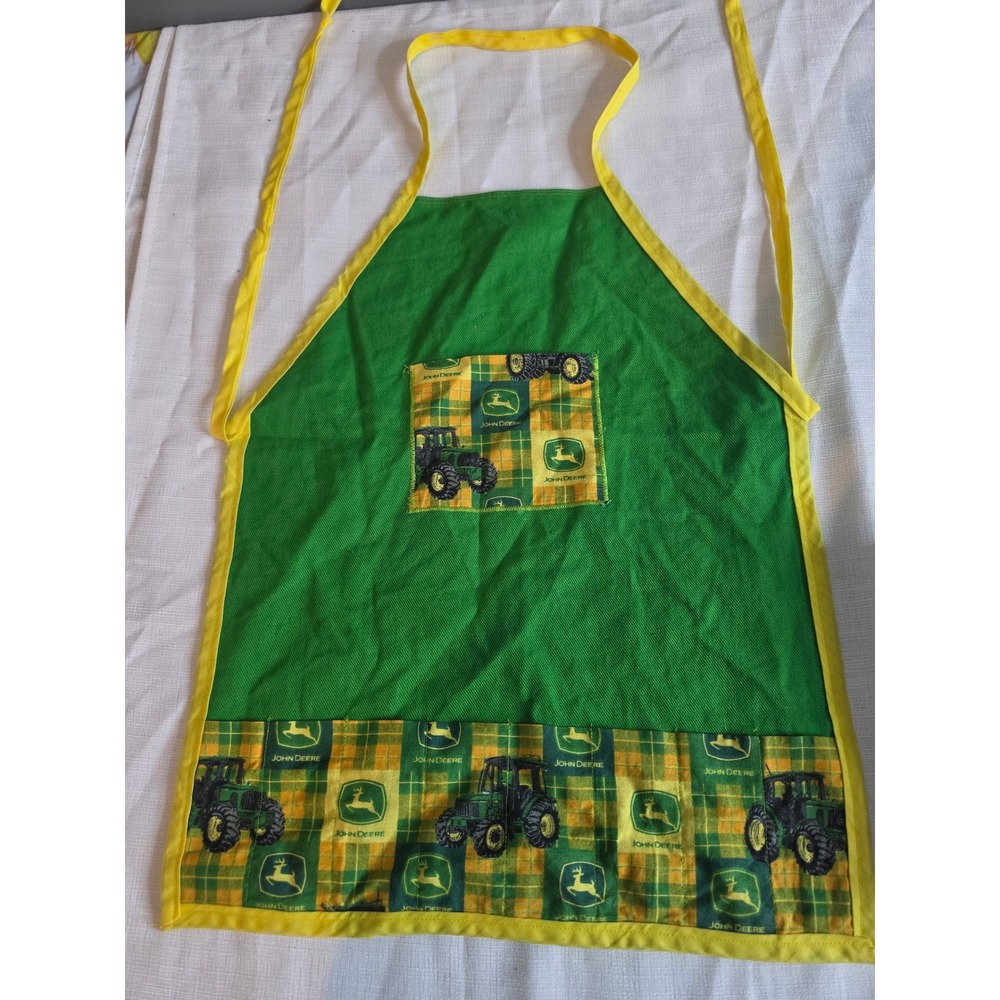 Handmade John Deere Tractor Plaid Green Apron with Pockets Multi-Use Utility